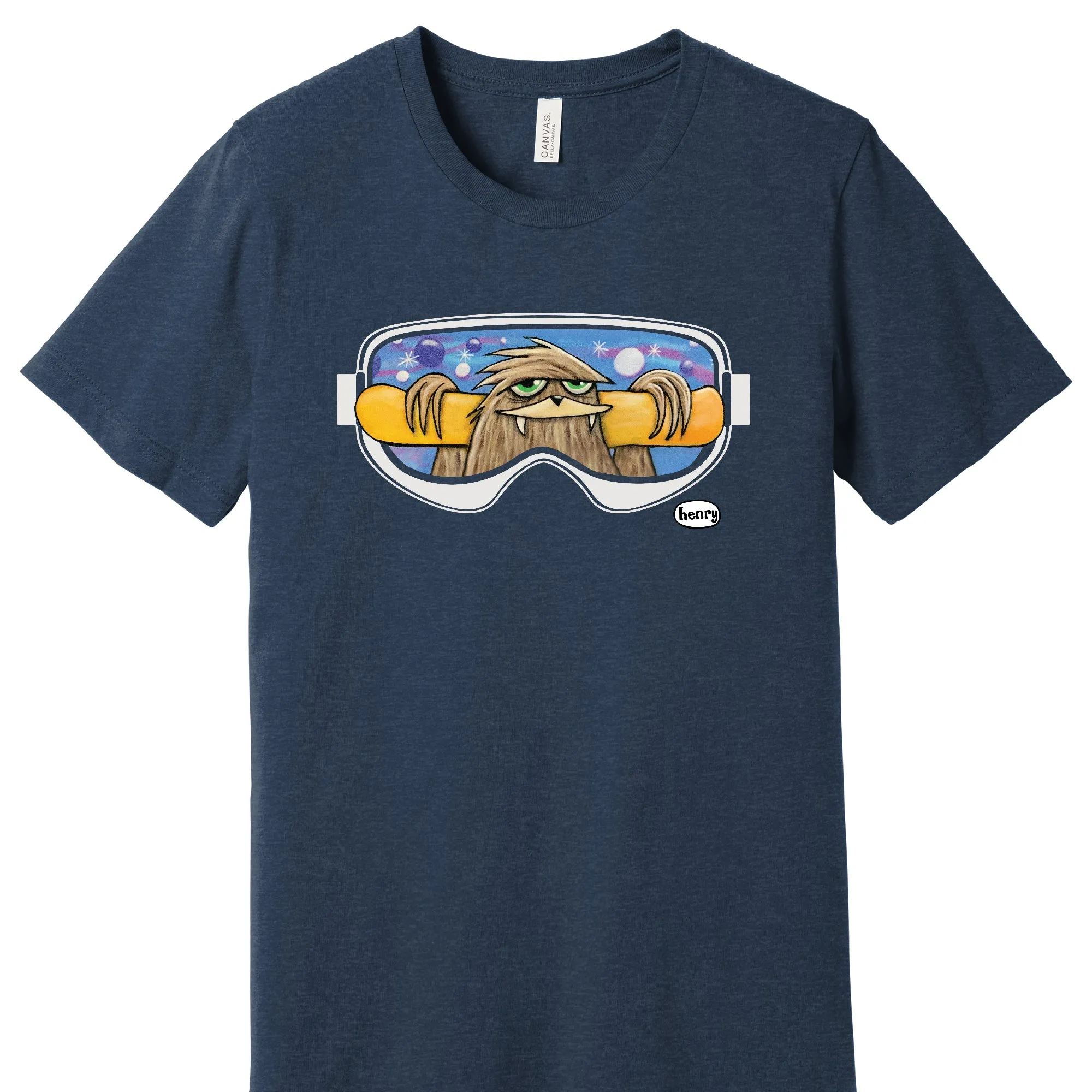Sasquatch with Snowboard Heathered Navy Unisex T-Shirt | Wearable Art by Seattle Mural Artist Ryan "Henry" Ward