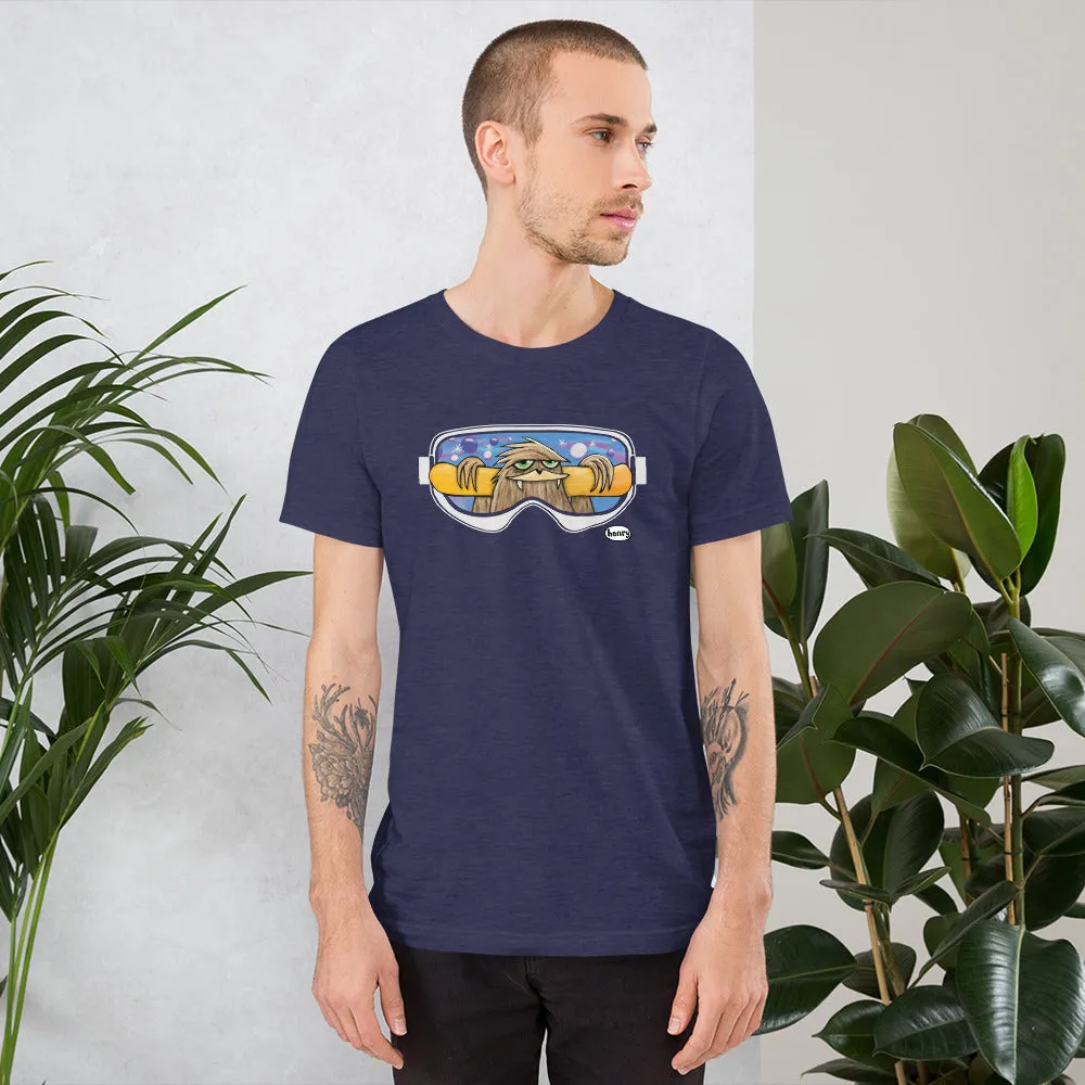 Sasquatch with Snowboard Heathered Navy Unisex T-Shirt | Wearable Art by Seattle Mural Artist Ryan "Henry" Ward