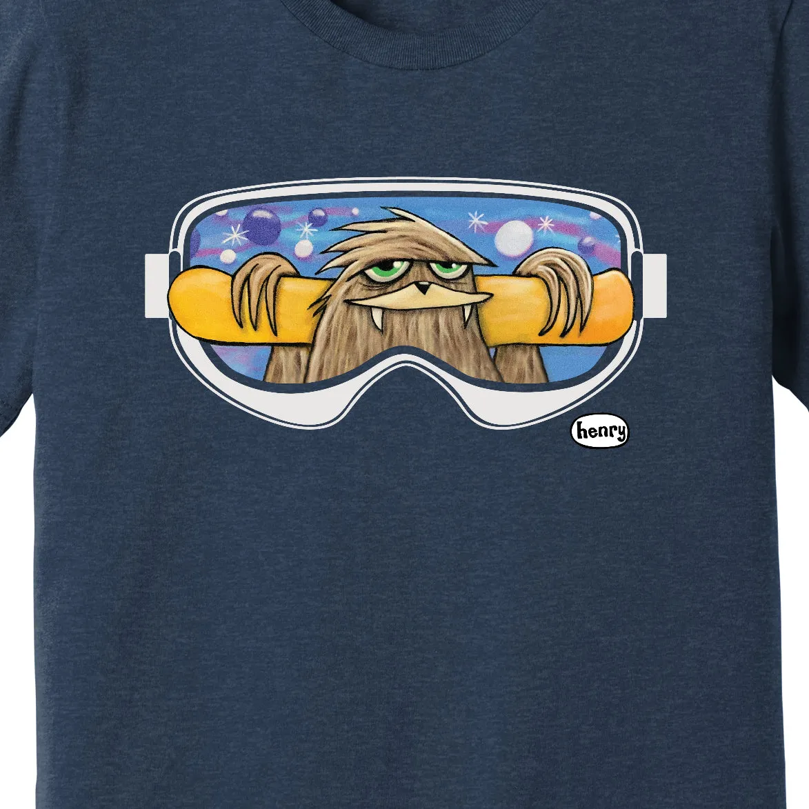 Sasquatch with Snowboard Heathered Navy Unisex T-Shirt | Wearable Art by Seattle Mural Artist Ryan "Henry" Ward