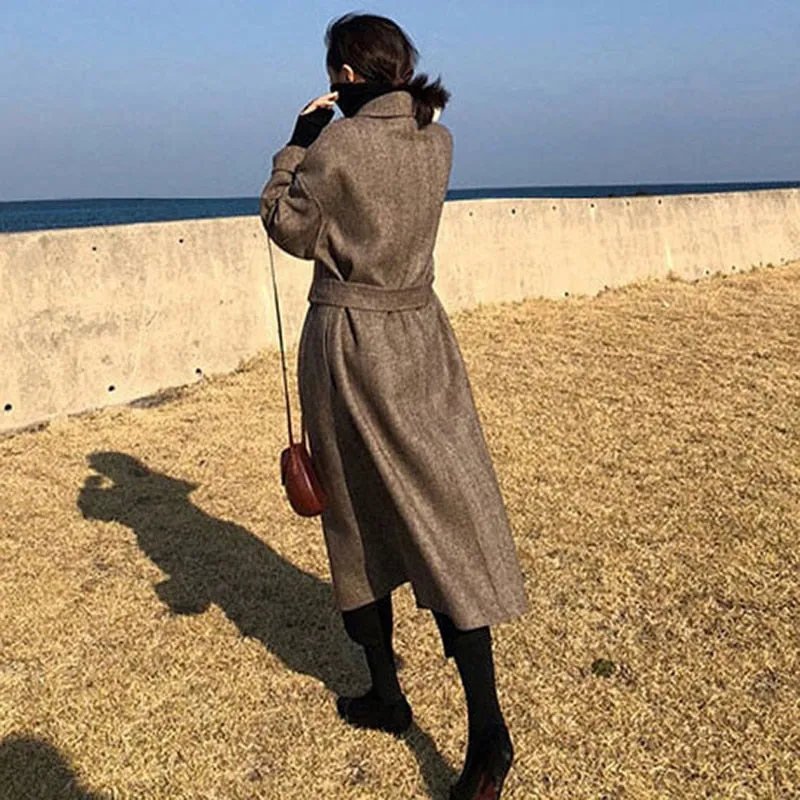 Striped Wool Coat Jacket Women Lace Up