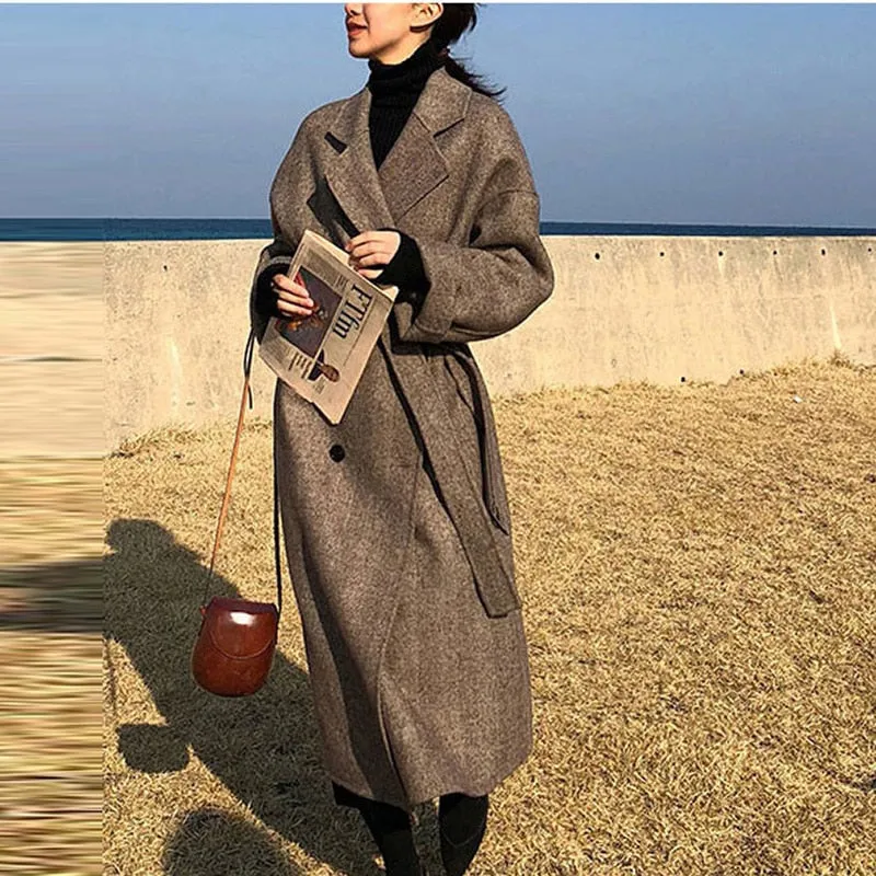 Striped Wool Coat Jacket Women Lace Up