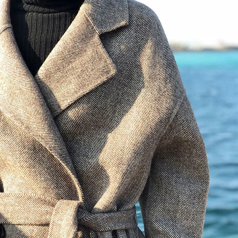 Striped Wool Coat Jacket Women Lace Up