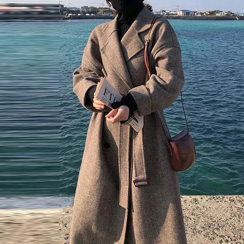 Striped Wool Coat Jacket Women Lace Up