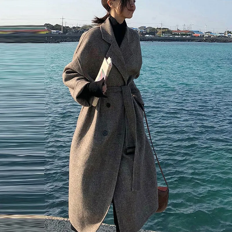Striped Wool Coat Jacket Women Lace Up