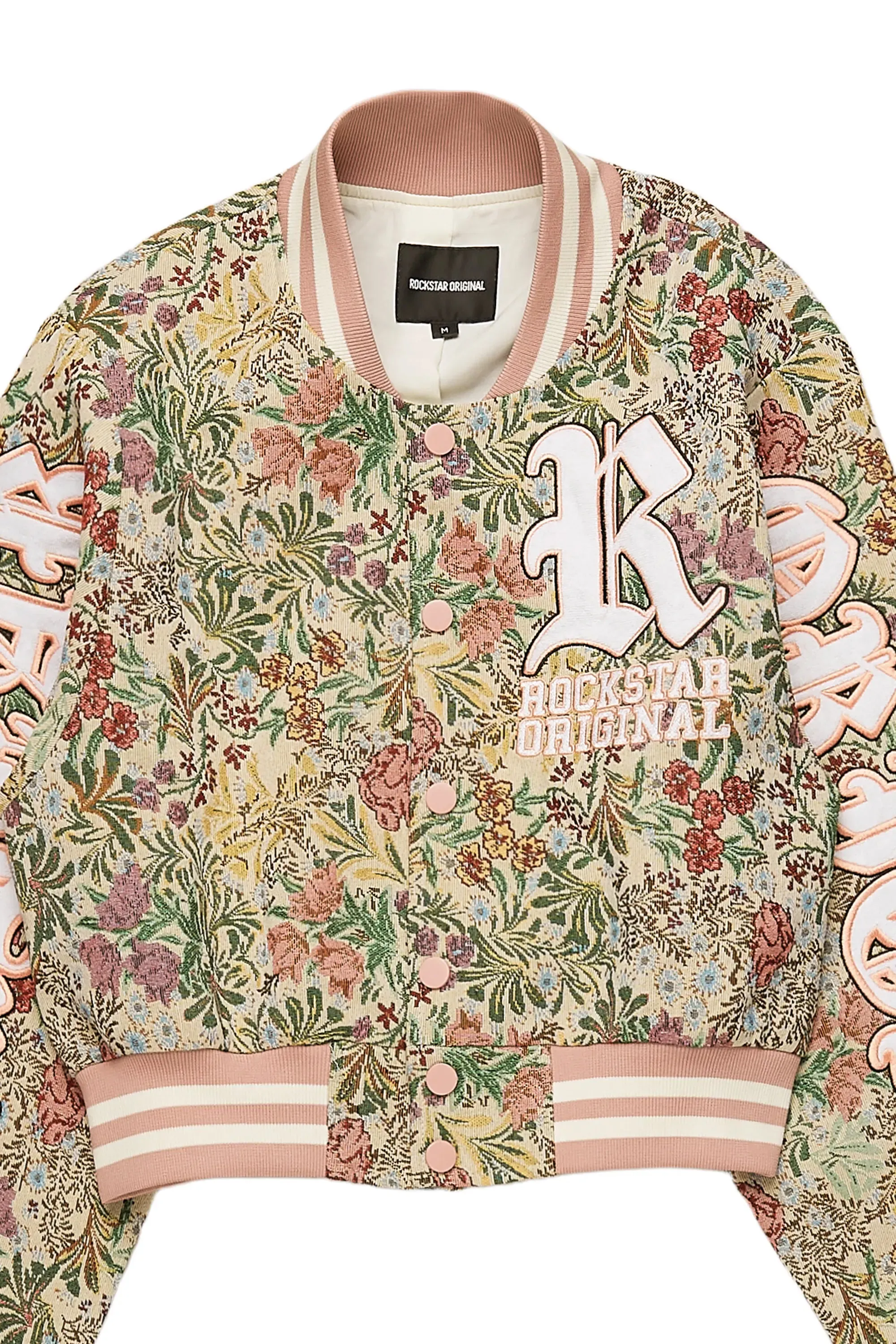 Tamia Beige Crop Tapestry Varsity Jacket