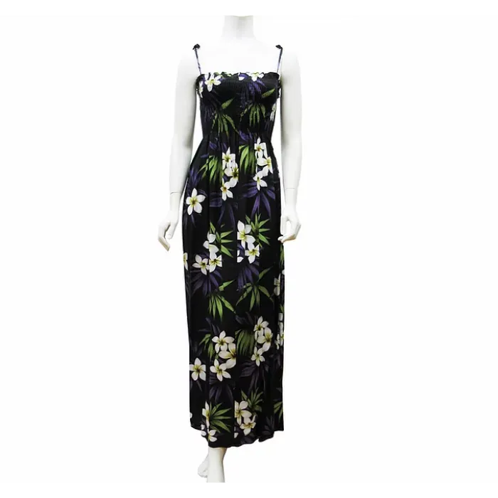 Tube Top Free Size Plumeria Print Beach Dress, Black