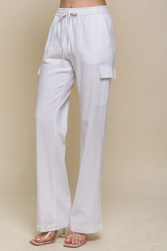 White Linen Straight Leg Cargo Pants