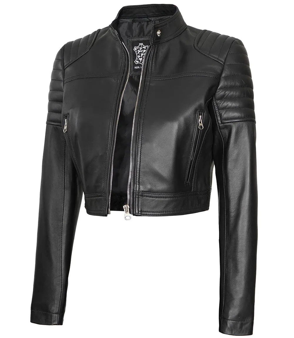 Women's Black Cropped Leather Moto Jacket