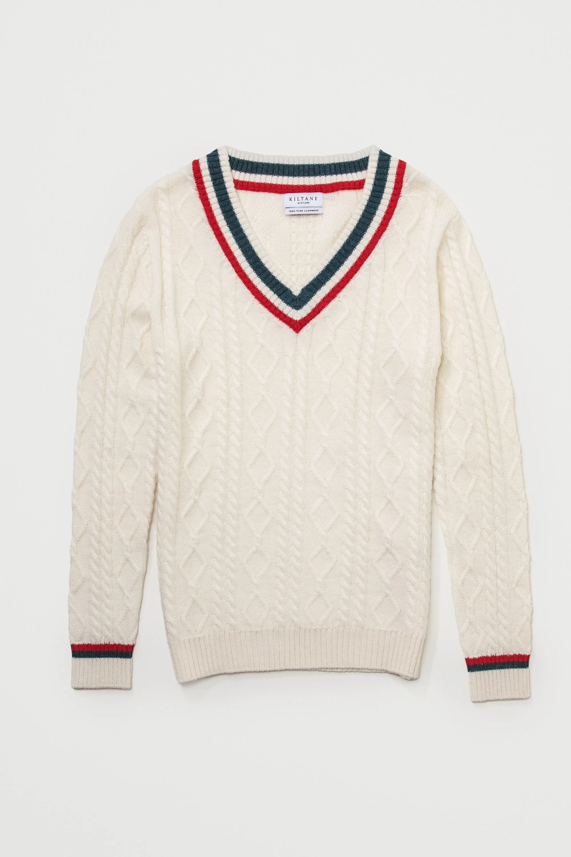 Women's Cricket Style Cable V Neck Jumper - Cream, Green & Red