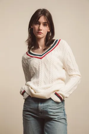 Women's Cricket Style Cable V Neck Jumper - Cream, Green & Red