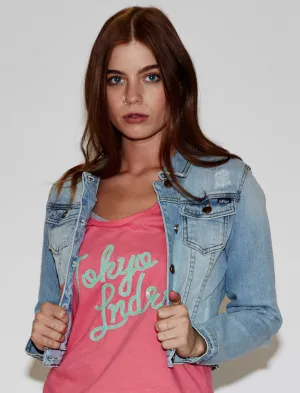 Women's Cropped Length Grazed Patches Denim Jacket - Tokyo Laundry