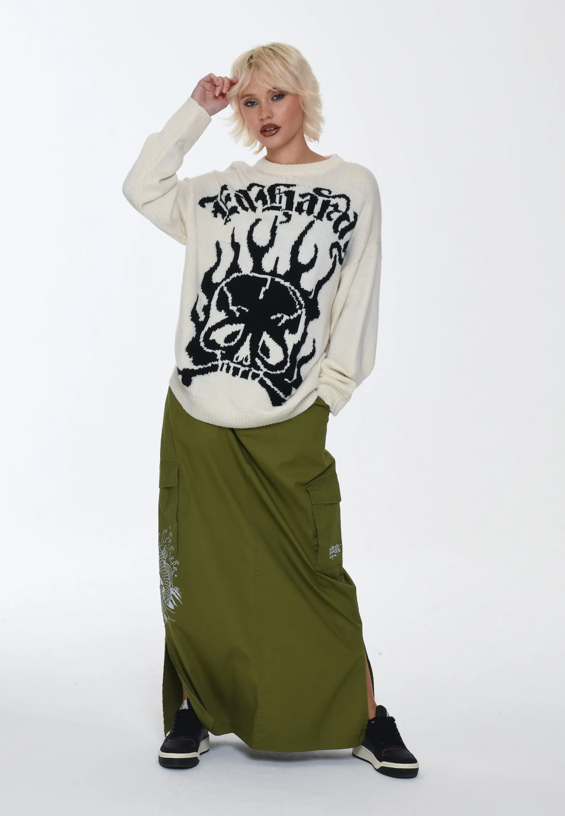 Womens Skull In Flames Jaquard Knitted Jumper - Ecru/Black