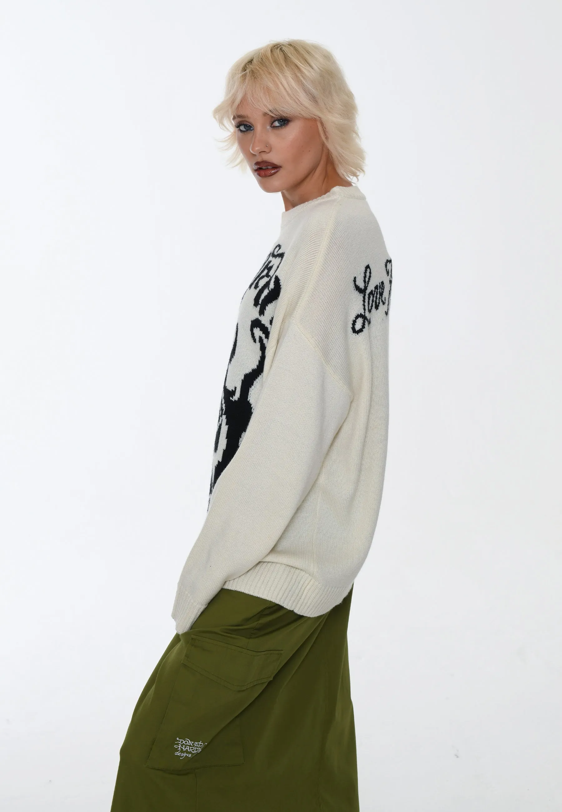 Womens Skull In Flames Jaquard Knitted Jumper - Ecru/Black