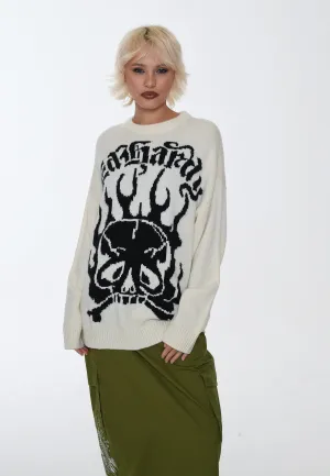 Womens Skull In Flames Jaquard Knitted Jumper - Ecru/Black