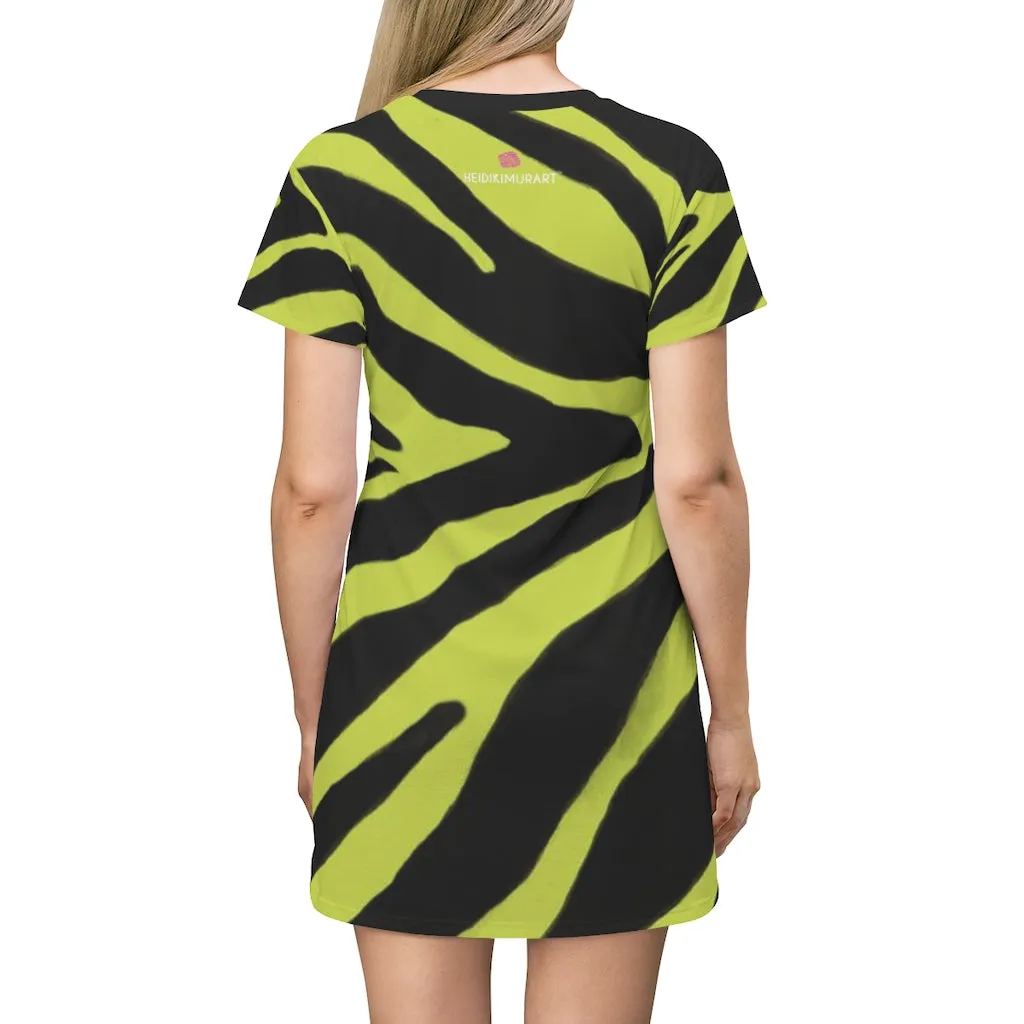 Yellow Zebra T-Shirt Dress, Zebra Animal Print Crew Neck Long Tee Shirt Dress - Made in USA