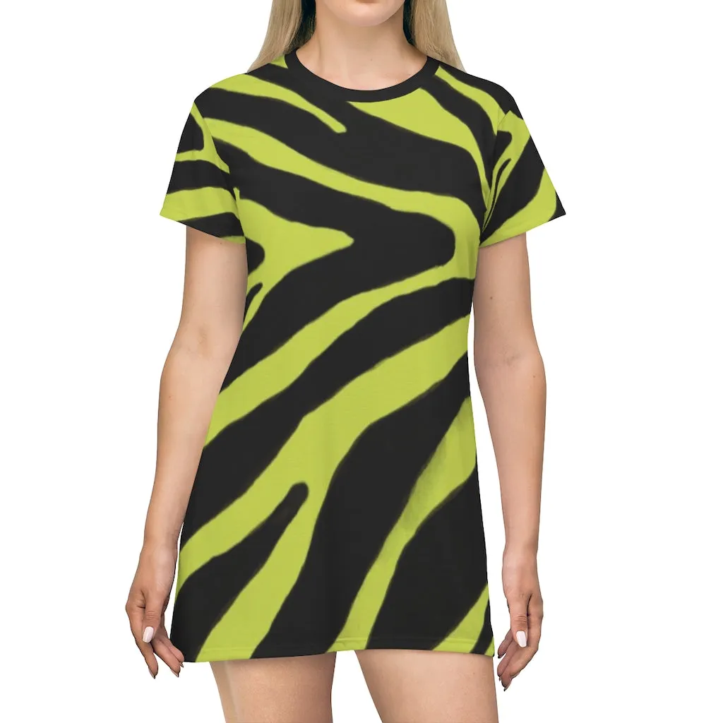 Yellow Zebra T-Shirt Dress, Zebra Animal Print Crew Neck Long Tee Shirt Dress - Made in USA