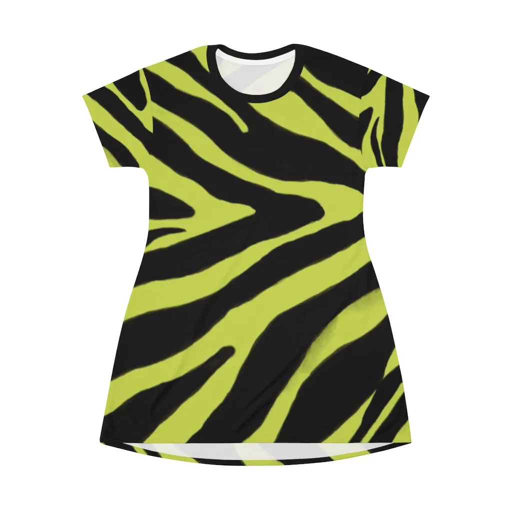 Yellow Zebra T-Shirt Dress, Zebra Animal Print Crew Neck Long Tee Shirt Dress - Made in USA