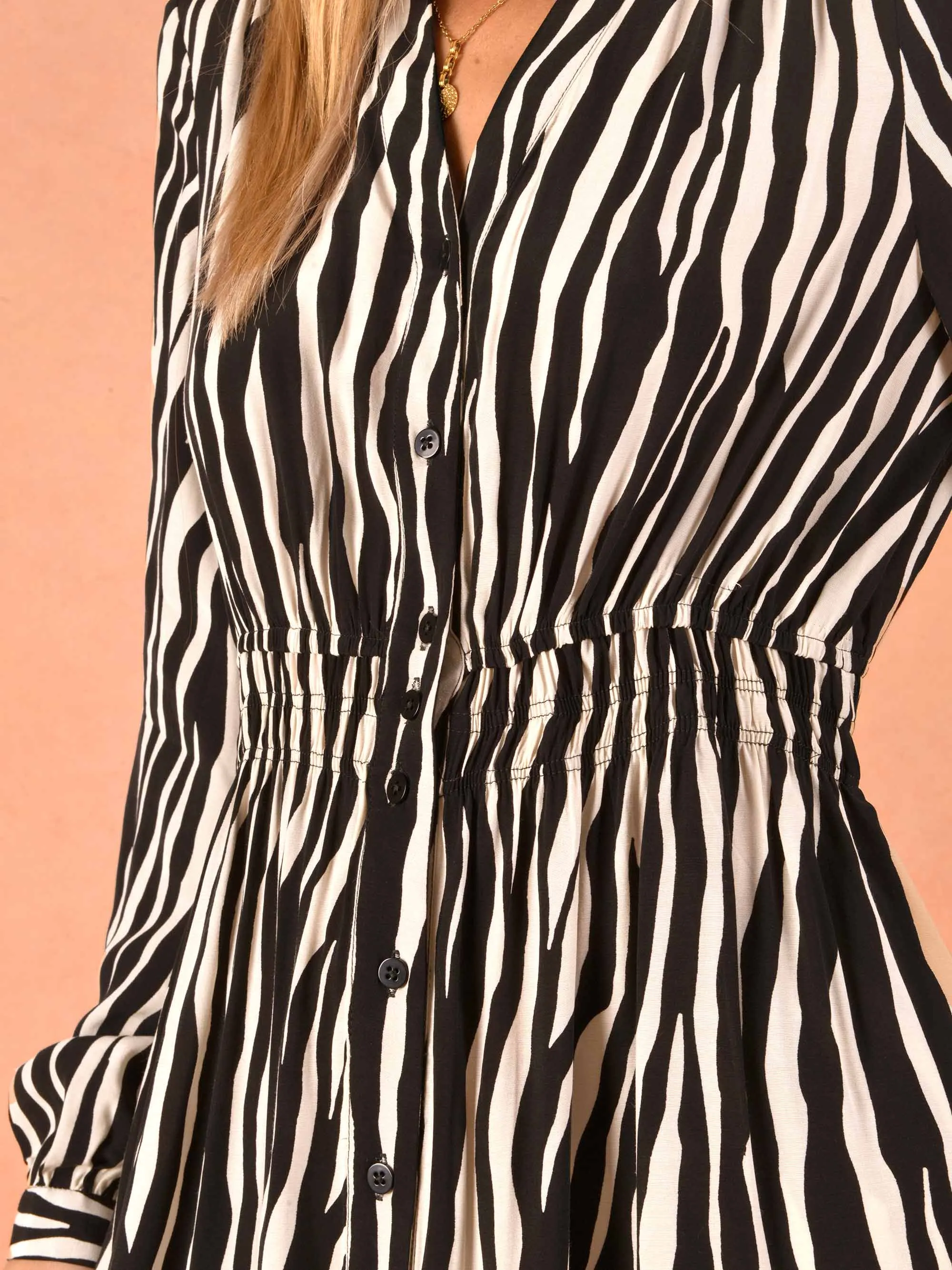 Zebra Print Shirred Waist Shirt Dress